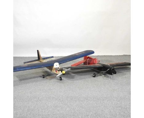 A blue and white painted motorised model plane, 149cm, together with another (2)