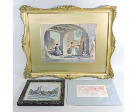 George Grainger-Smith, 1892-1961, courtyard with figures, signed, watercolour, 24 x 34cm, together with a watercolour of Cave