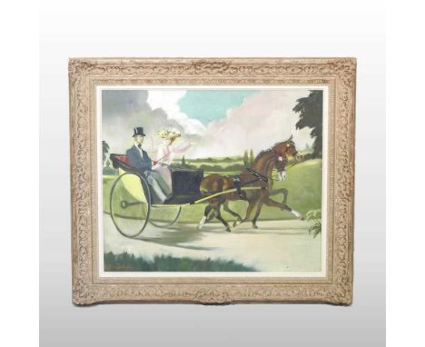 ARR Doris Clare Zinkeisen, 1898-1991, a gentleman and a lady riding in a carriage, signed, oil on canvas, 49 x 59cmCondition 