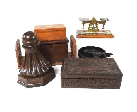 A set of 19th century postal scales, together with a collection of wooden boxes