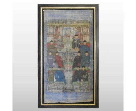 Chinese school, Qing dynasty, ancestral portrait of twelve figures shown seated in a grand interior, gouache on canvas, 173 x