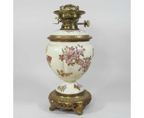 A 19th century Worcester blush ivory porcelain oil lamp base, painted with flowers, 38cm highCondition report: Overall dirty,