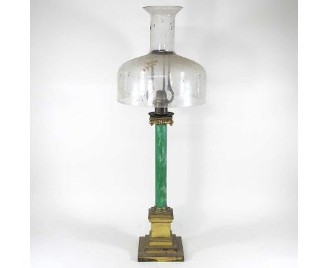 A rare Victorian oil lamp, with a painted column base, with Doric capital, stamped Palmer &amp; Co. Patent, with a clear glas