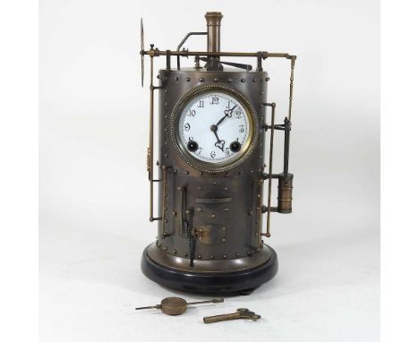 A modern bronzed mantel clock, in the form of a vintage boiler, with a painted dial, 42cm high