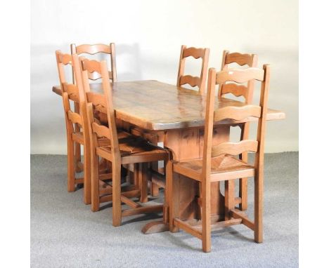 An antique pine refectory table, together with aet of six ladder back dining chairs (7)182w x 89d x 76h cm