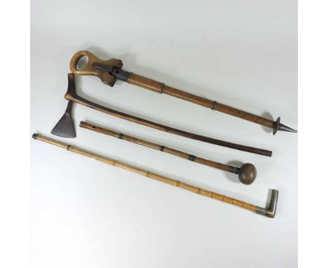 A Victorian walking cane, with a horn handle, together with a shooting stick, a yew hand axe and a knobkerrie, 58cm long