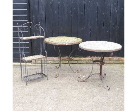 A tile top garden table, together with another similar and a small shelf (3)80w x 75h cm