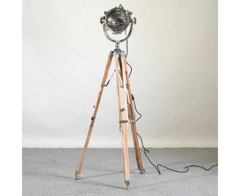 A modern spotlight lamp, on an adjustable tripod stand, 110cm highCondition report: Overall condition is clean. Adjusts ok. H