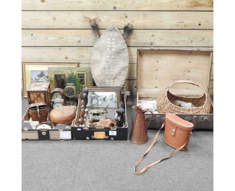 A collection of metalwares, to include an Art Nouveau copper jug, binoculars, a smoker's cabinet, a brass horn, pictures, a f