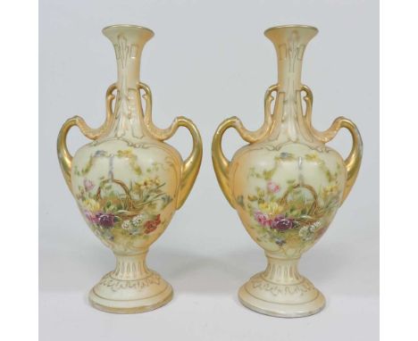 A pair of Worcester style blush ivory vases, painted with flowers, 16cm (2)