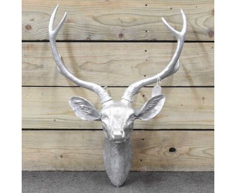 A modern silver painted model of a stag head, 43cm wide