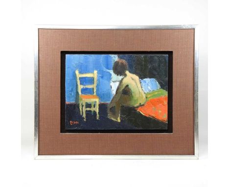 ARR Donald McIntyre, RCA, 1923-2009, Girl on Bed, signed, oil on board, 25 x 35cm, bearing a label for the Thackeray Gallery,