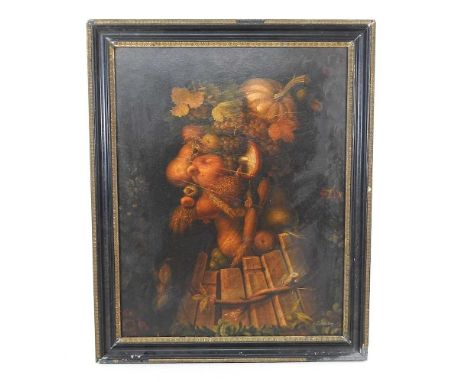 R Caspers, 20th century after G Arcimboldo, portrait of man, signed oil on board, 45 x 35cm