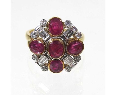A large bespoke made 18 carat gold ruby and diamond cluster ring, set with five central rubies, within a diamond surround, 6.