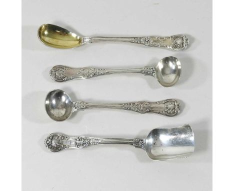 Four various Victorian silver spoons, comprising a Victorian Queens pattern caddy spoon, London 1865, a pair of salt spoons a