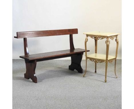 An oak bench, 122cm, together with an onyx and gilt metal two tier stand (2)