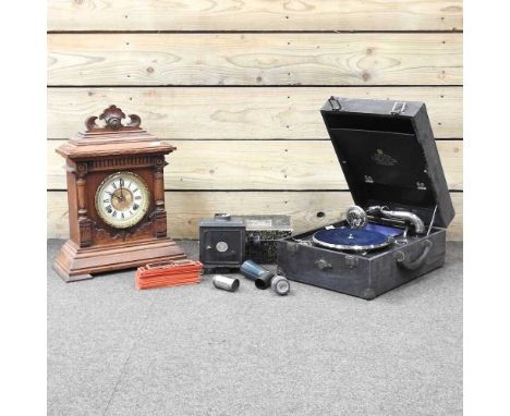 A 19th century American oak cased Ansonia mantel clock, dated 1882, 43cm high, together with a Decca gramophone and a magic l