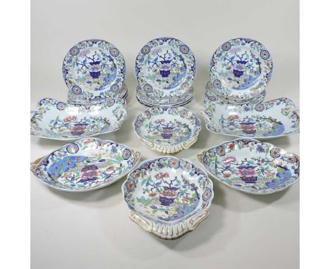 An early 19th century Spode New Stone dessert service, decorated with flowers, comprising twelve dessert plates, 20cm and thr