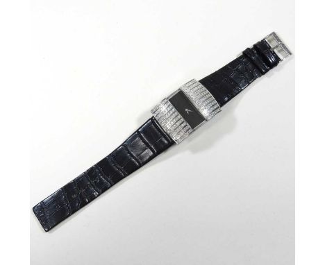 A Leon Hatot ladies designer shutter wristwatch, with a signed black dial and diamond encrusted cover, on a black leather str