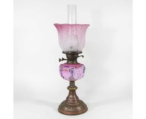 A 19th century brass oil lamp, with a pink opaque glass font and etched glass shade, 49cm high overallCondition report: Font 