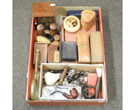 A collection of coins and wooden items, to include boxes, vintage corkscrews, mahjong, a miniature bookcase and puzzle boxes