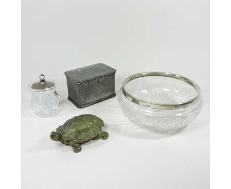 A silver mounted cut glass bowl, together with a preserve jar with a silver lid, a brass inkwell in the form of a tortoise an