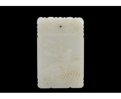 Rectangular white jade pendant carved in bas-relief on both sides with a fisherman on one side and calligraphy on the other, 