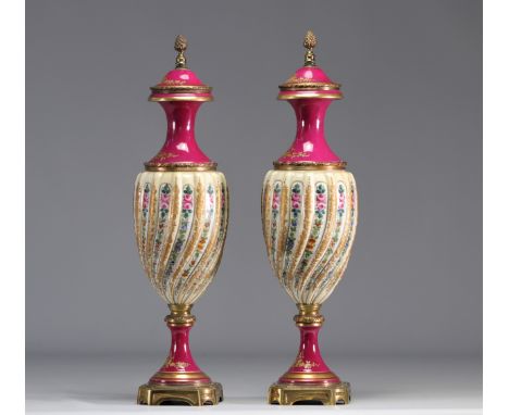 Sevres pair of covered porcelain "cassolette" vases decorated with friezes and flowers with a bronze mounting - Weight: 3.70 