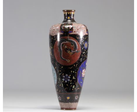 Cloisonne enamel vase decorated with a dragon and a phoenix on a blue ground from 19th century from Meiji period (æ˜Žæ²»æ™‚ä»