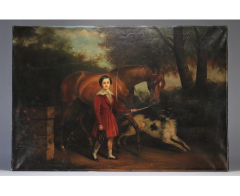 Oil on canvas "young girl and her horse and dog" from 19th century from EnglandÂ&nbsp; - Weight: 1.20 kg - Shipping unavailab