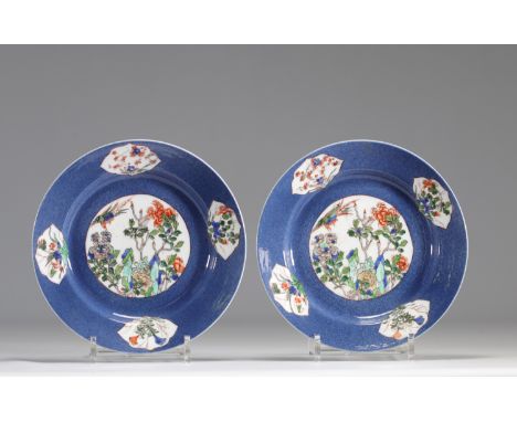 Pair of Kangxi plates decorated with red and blue flowers - Weight: 930 g - Shipping available - Region: Chine - Sizes: D=230