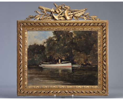 Oil on panel "navigation scene" in a beautiful frame with naval attribute and unidentified signatureÂ&nbsp; - Weight: 2.17 kg