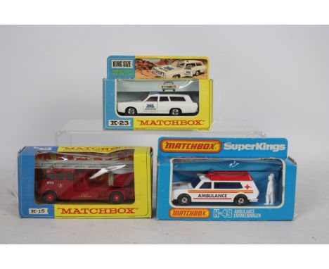 Matchbox - Three boxed diecast vehicles from Matchbox, including Matchbox Superkings K-49 Ambulance; Matchbox King Size K-15 