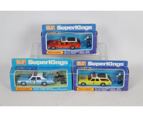 Matchbox SuperKings - Three boxed diecast Matchbox SuperKings. Lot includes K-67 Dodge Monaco Fire Chief in red; with K-67 Do
