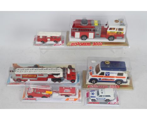 Majorette - Six boxed Majorette Fire Appliances / Emergency Vehicles in various scales. Lot includes #376 Fire Range Rover &a