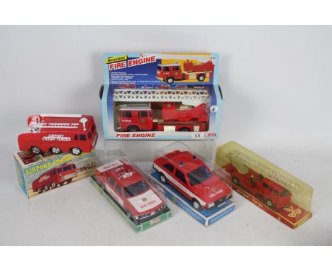 Lucky Toys, Norev, NFIC - Five plastic mainly friction powered Fire Engines / Vehicles. Lot consists of Luck Toys Motorised F