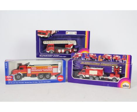 Siku - A group of three boxed 1:50 and 1:55 scale diecast European Fire Appliances from Siku. Lot consists of Siku #2819 Merc