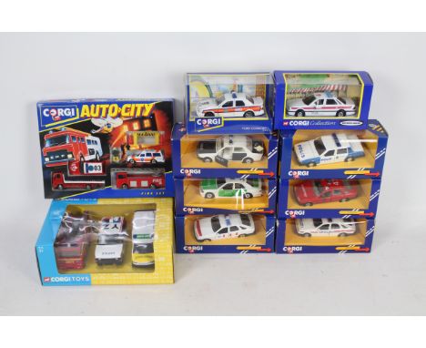 Corgi - A boxed collection of 10 Emergency diecast vehicles in various scales, mainly Police cars in 1:43 scale by Corgi. Lot