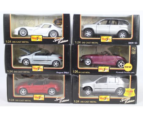 Maisto - 6 x boxed 1:24 scale models featuring BMW X5 - Plymouth Prowler 1997 - Special Edition Dodge Viper GT2 and more. All