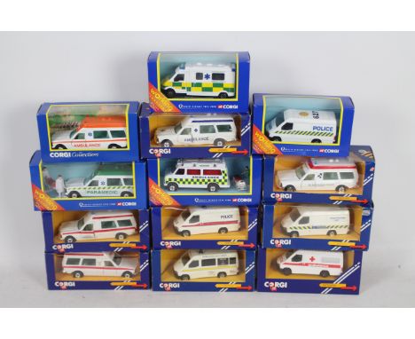 Corgi - 13 boxed diecast 'Emergency' themed model vans from Corgi. Lot includes Corgi C656 Ford Transit Ambulance; C674 Ford 