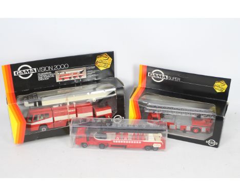 Gama, Play Trucks (Greece) - Three boxed diecast & plastic Fire Engines in various scales. Lot consists of Gama #2604 Magirus