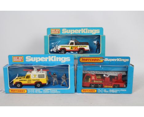 Matchbox SuperKings - Three boxed diecast vehicles from Matchbox. Lot consists of Matchbox SuperKings K-75 Airport Fire Tende