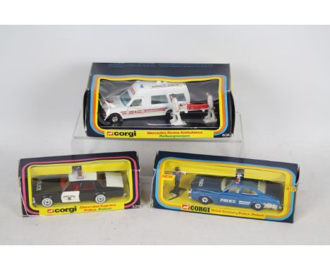 Corgi - Three boxed diecast Emergency themed vehicles. Lot comprises of Corgi #416 Buick Century Police Car; #326 Chevrolet C