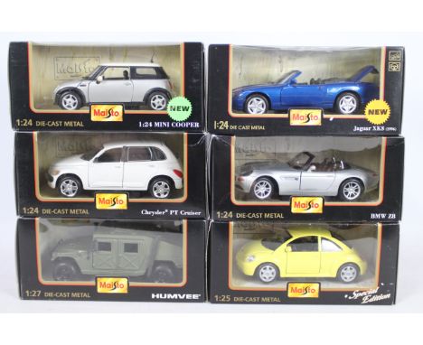 Maisto - 6 x boxed 1:27 1:24 1:25 scale models featuring Special Edition Volkswagen New Beetle - BMW Z8 - Humvee and more. Al