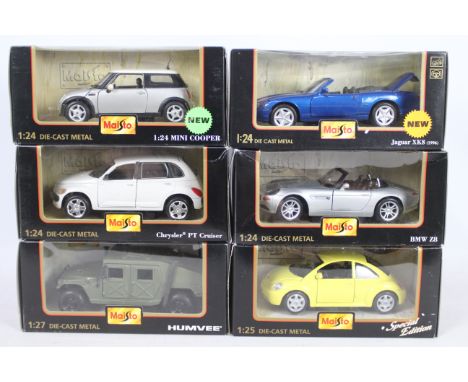 Maisto - 6 x boxed 1:27 1:24 1:25 scale models featuring Special Edition Volkswagen New Beetle - BMW Z8 - Humvee and more. Al