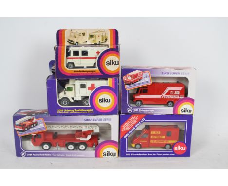 Siku - A group of five boxed 1:50 and 1:55 scale diecast European Fire / Emergency Vehicles from Siku. Lot consists of Siku #