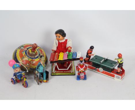 Chad Valley - MTU - MS - 6 x tinplate toys including a vintage Chad Valley Spinning Top, a Girl with Xylophone, Table Tennis 