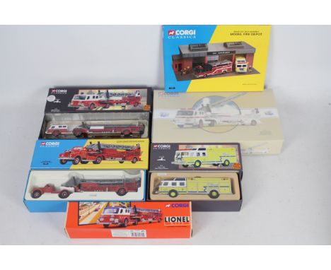 Corgi - Five boxed Corgi diecast US Fire Engines / Appliances with a boxed self assembly #31803 Model Fire Depot. Lot include