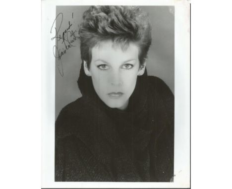 Jamie Lee Curtis signed 10x8 b/w photo. Nice black and white 10x8 head and shoulders portrait photo signed by Jamie Lee Curti