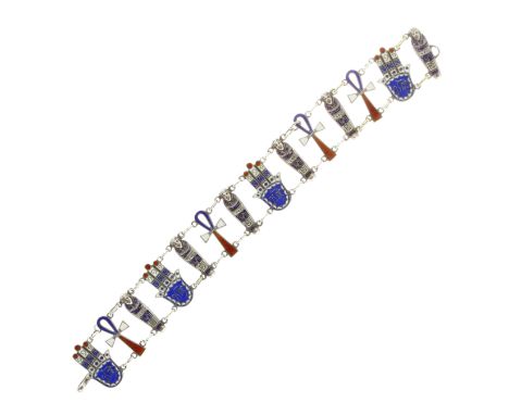 An antique enamel bracelet in silver circa 1930 designed as fourteen enamelled links depicting various Egyptian symbols inclu